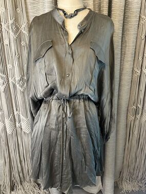 Shona Joy Olive Satin Mini Dress Balloon Sleeve Tie Waist NWT Size 10